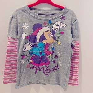 4T Minnie Mouse Be Merry Long Sleeved Pink and Gray Christmas Holiday Shirt